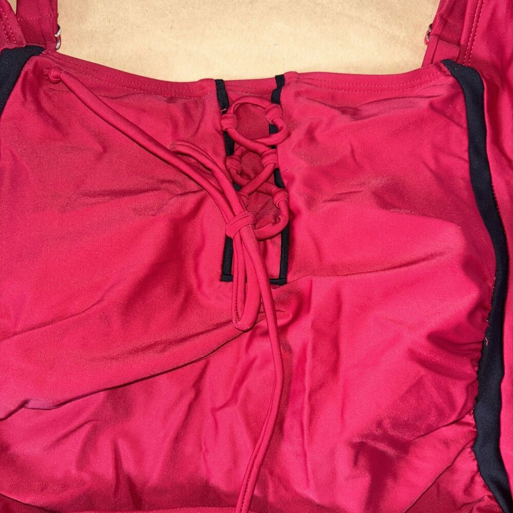 Red And Black Swim Dress Bathing suit Lace Up Front Size Large - Picture 3 of 8